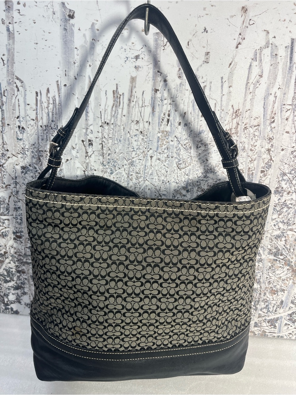 Coach F11666 Black Leather/Canvas Hobo Partial Jacquard Purse Bag